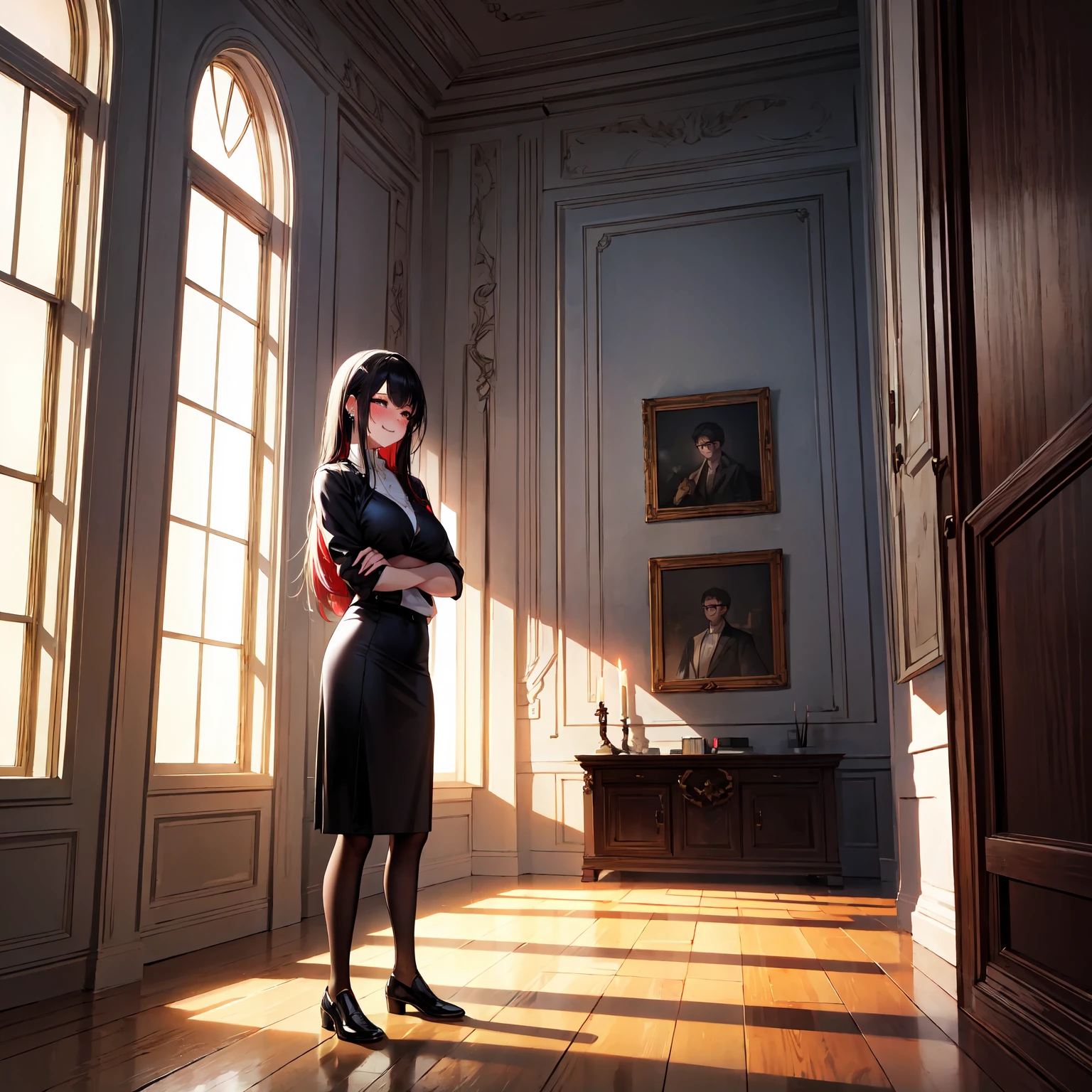 ((super high quality,Ultra-high resolution,16K,super masterpiece,Ultra HD ,Detailed shading)),Dark living room,Full body photo,Standing posture,Hold each other's waists,((3Mature women:1.8,sexy mothers,Same costume for everyone)),Bust 90cm,Cleavage,(Naked shirt,popped Tight collar White shirts,Long sleeve,Black Pencil Skirt),Glasses,View here,blush,Ecstatic smile,Sweaty,Pearl Earrings,Pearl Necklace,Engagement Rings,