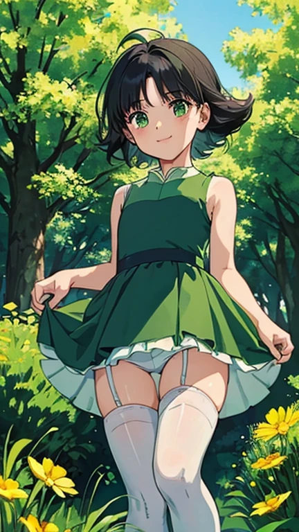 (1girl, solo, highly insanely detailed, masterpiece, top quality, best quality, highres, 4k, 8k, RAW photo),((innocent look)),((Childish)),From the front, symmetrical composition,smile,cute,Innocent,Kind eyes,Flat chest, satosh kon art style, forest, (Buttercup), standing, (black hair, green eyes, short hair, messy hair), (dress, green sleeveless dress, white thighhighs:1.5)