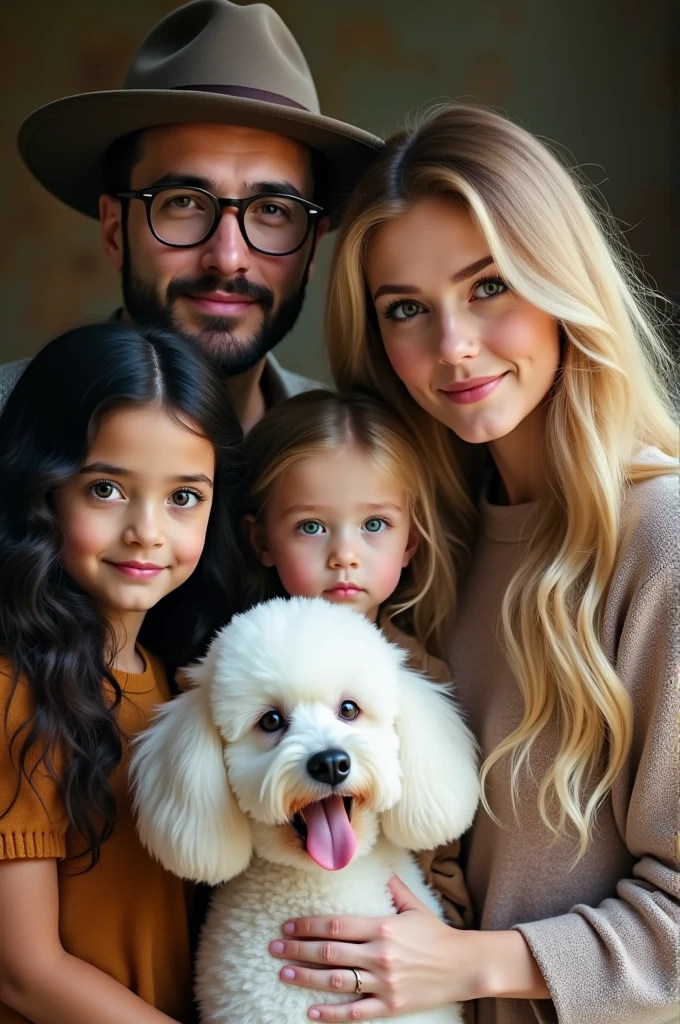 Man with beard and hat , woman with glasses and long black hair, a girl with green eyes and blonde hair and a with gray eyes and blonde hair, next to a white French poodle . All in a family photo