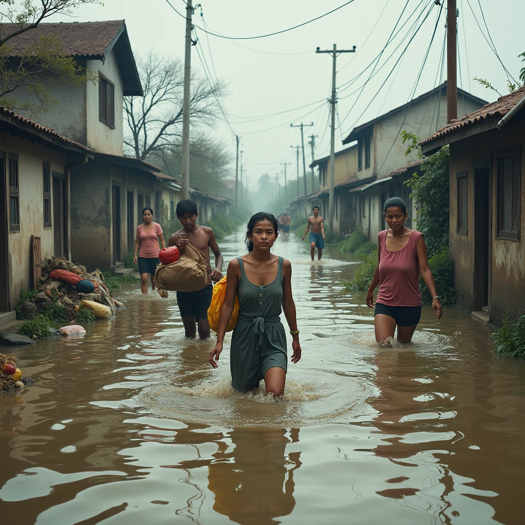 Visual Prompt: Images of people wading through floodwater, with their homes in the background, showing the impact on daily life, such as damaged belongings and disrupted activities.