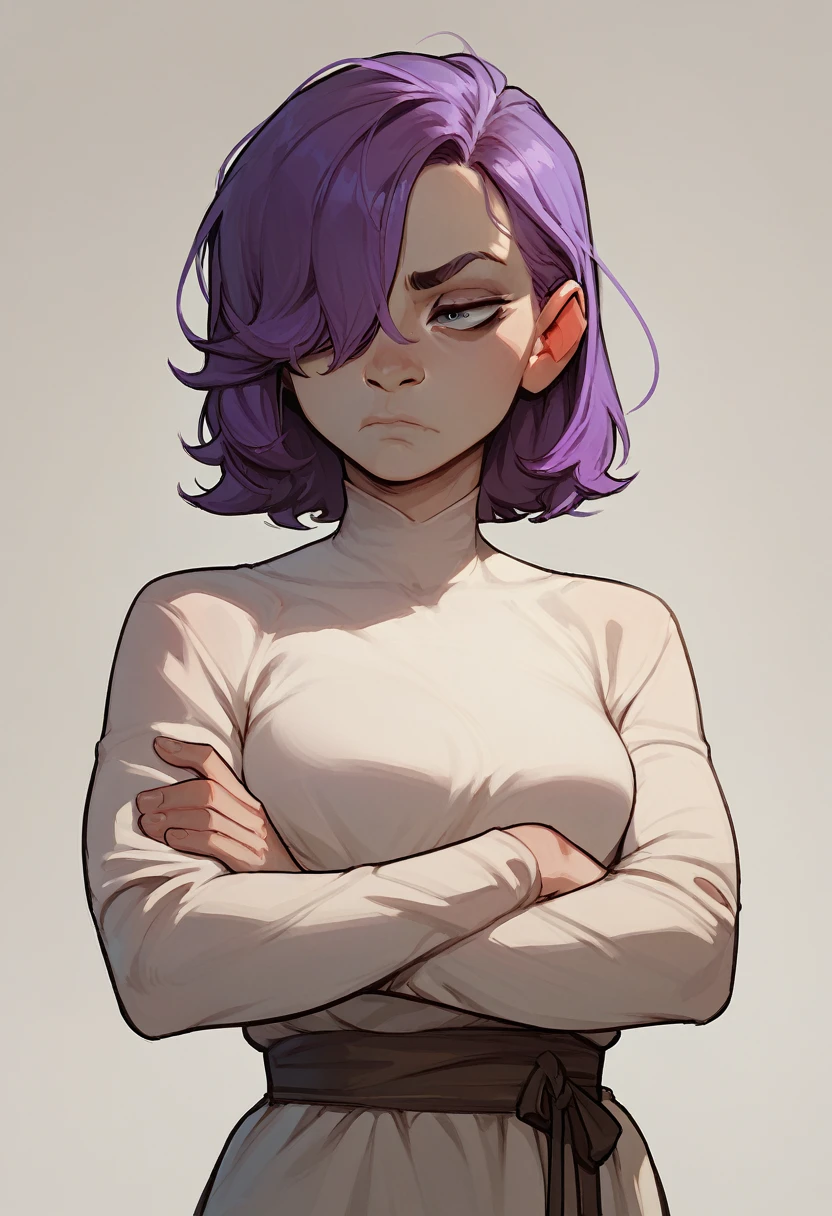 score_9, score_8_up, score_7_up, score_6_up, 1girl, solo, feason style lily duolingo, purple hair, hair hair over one eye, bangs, bored expression, closed mouth, crossed arms, medium hair,
