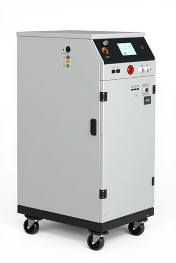 It has a control screen on the front, 4 230V socket inputs, and 4 USB ports and 3 Type-C inputs and is high 56cm.  width 35cm. width 60cm. Power station with 4 wheels color is white and gray, case is metal material 