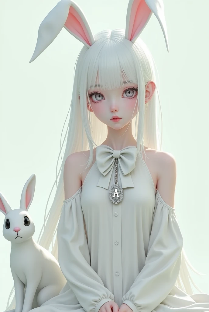 White female character with white hair and bangs and white bunny ears with pink and a face with big, black, sad eyes and a thin mouth and white clothes down and a white bow with a chain with the initials of the letter A and a white rabbit with black eyes and a pink nose
