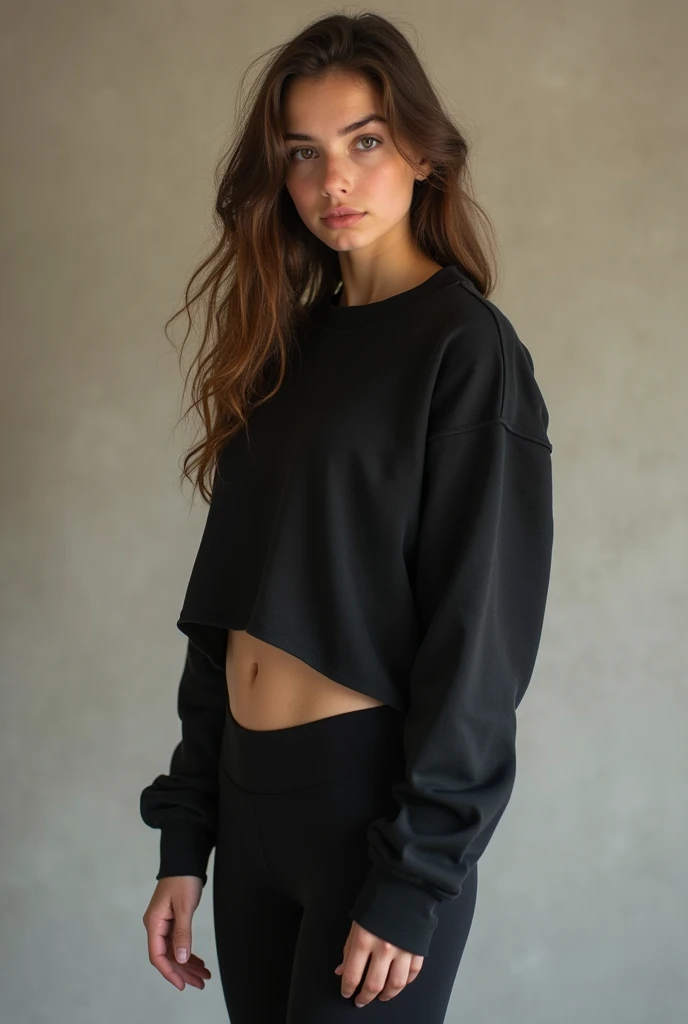 Young girl with brown hair and brown eyes. Fair and smooth skin. Sweatshirt, tight black spandex leggings. No underweared splayed legs showing pussy. Bit tits and butt