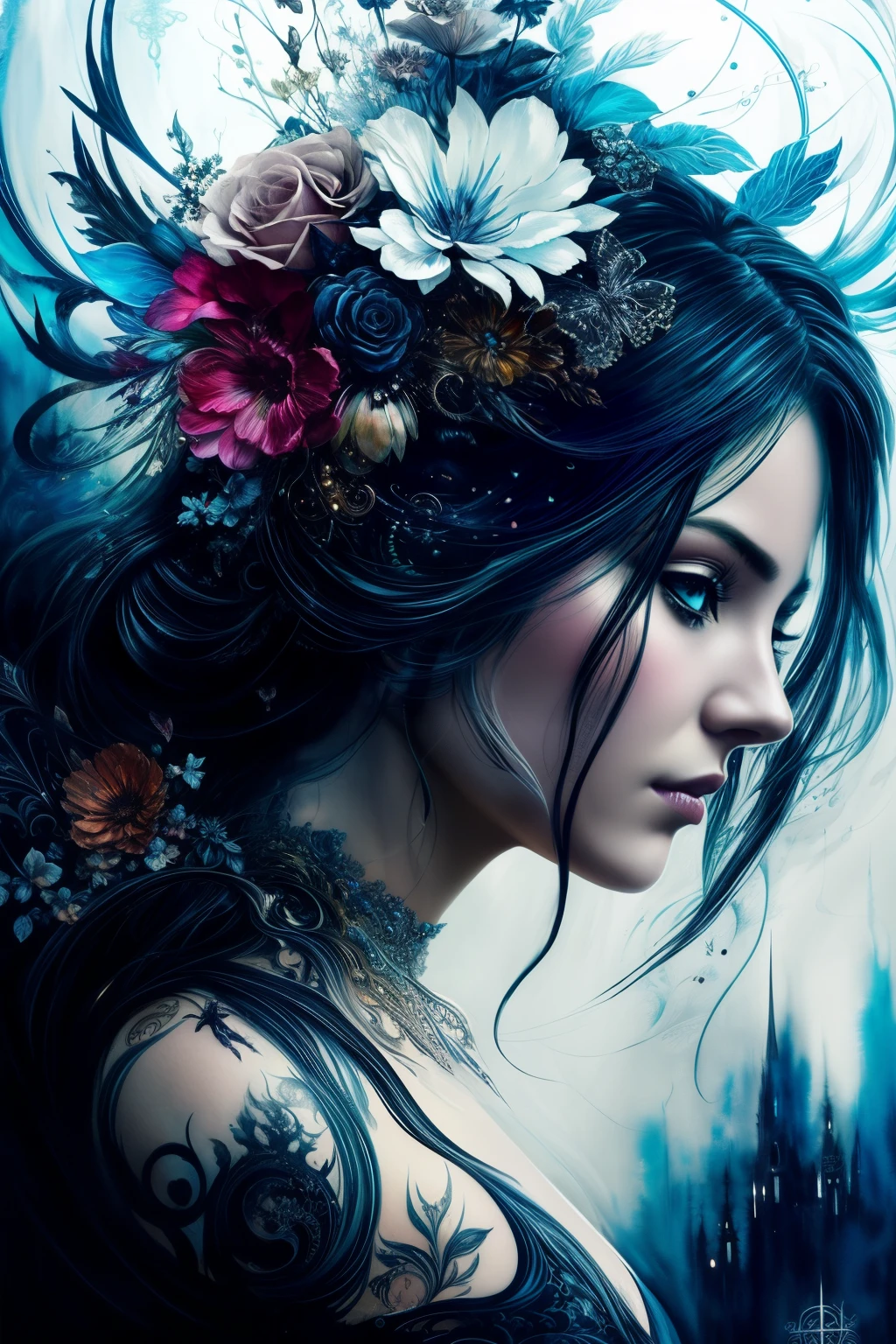 Colorful beautiful woman: Black ink flow: 8k resolution photorealistic masterpiece: by Aaron Horkey and Jeremy Mann: intricately detailed fluid gouache painting: by Jean Baptiste Mongue: calligraphy: acrylic: watercolor art, professional photography, natural lighting, volumetric lighting maximalist photoillustration: by marton bobzert: 8k resolution concept art intricately detailed, complex, elegant, expansive, fantastical
