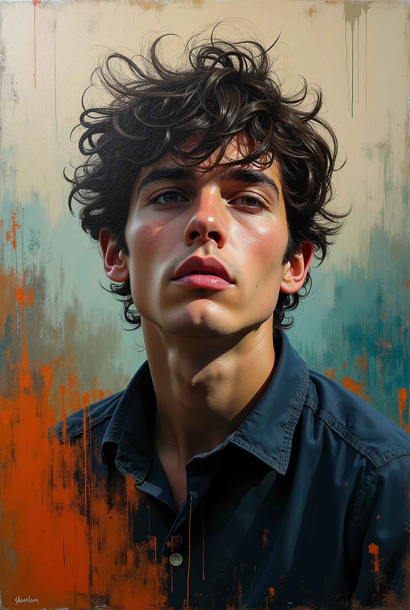 a man) a thick textured oil painting, impasto brushstrokes, dry brushing,revealing underlayers, abstract landscape, moody lighting, dramatic shadows, muted earthy colors, vibrant colors, highly detailed, masterpiece, Create an evocative oil painting inspired by Malcolm Liepke, based on the provided image. Capture the intense, introspective expression of the young subject using thick, expressive brushstrokes and a muted color palette. vibrant colors of orange, teal, and beige, high quality