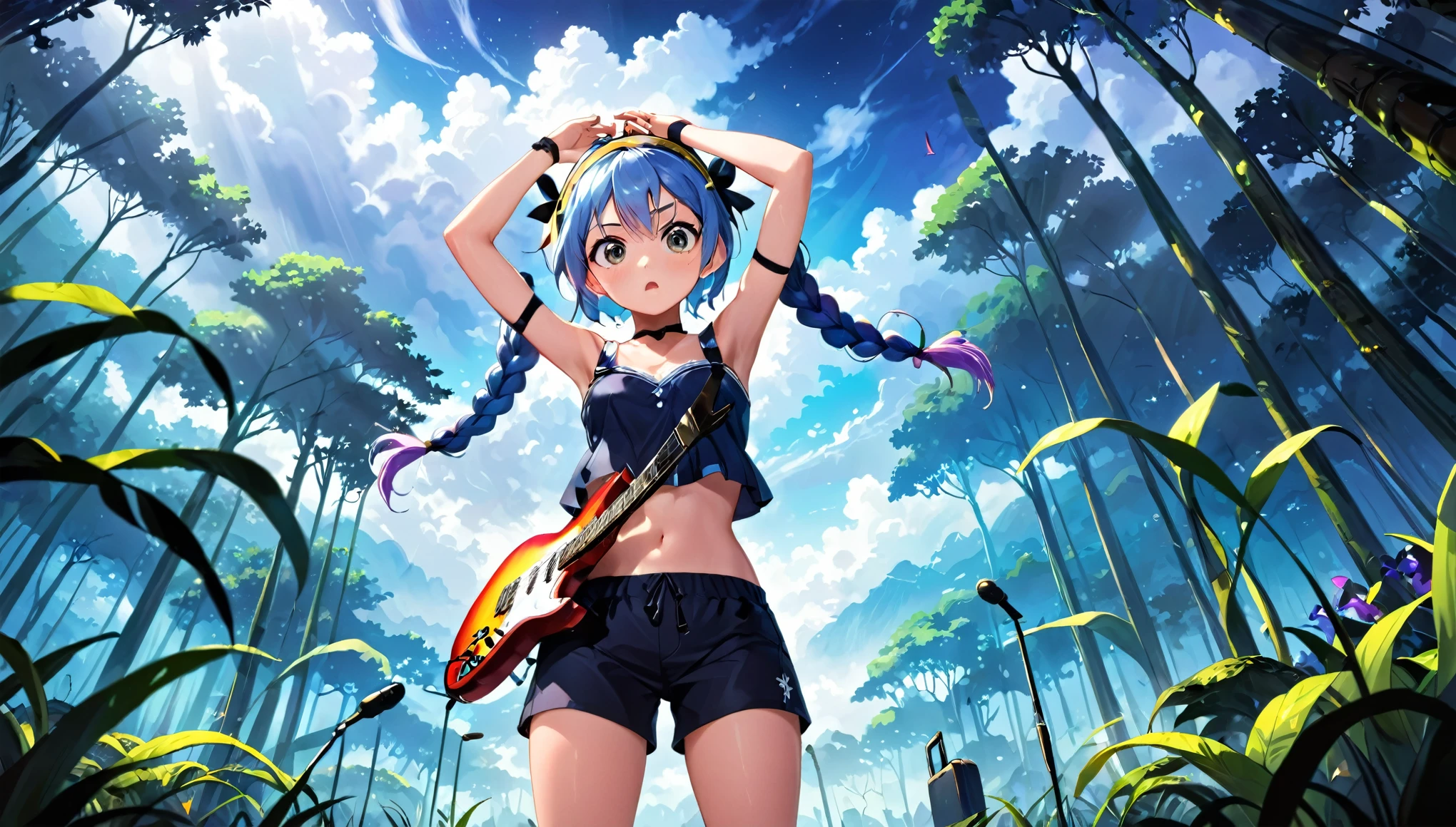 masterpiece, Full-HD, schoolgirl, determined, serious look, hands on head, looking up, braids, hair between eyes, ahoge, gradient hair, with cross-shaped irises, big eyes, wheatish skin, slender, tube top, shorts, hairband, hair ribbon, with a guitar, beauty mark, teenager, Scene of Rage, in the cloud forest, in the evening, highly saturated colors, dark fantasy, cute, hard-edged, full body shot, from below, wide view
