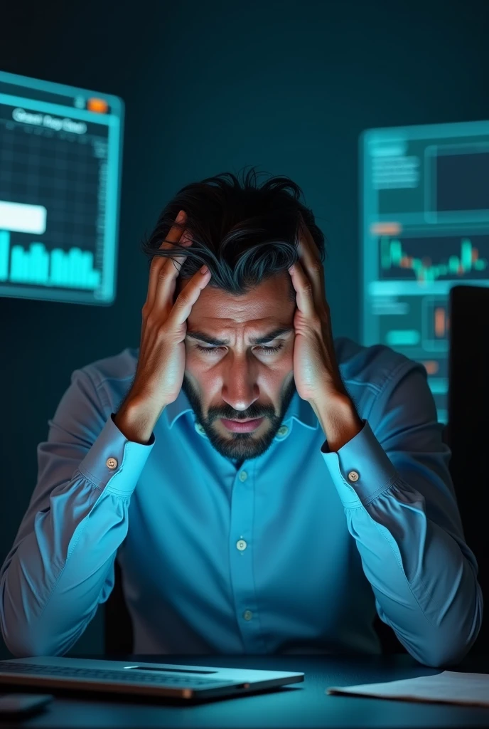 a worried latin man with his hands on his head, with a computer in front of him, Concerned about the cost of the control system for your company