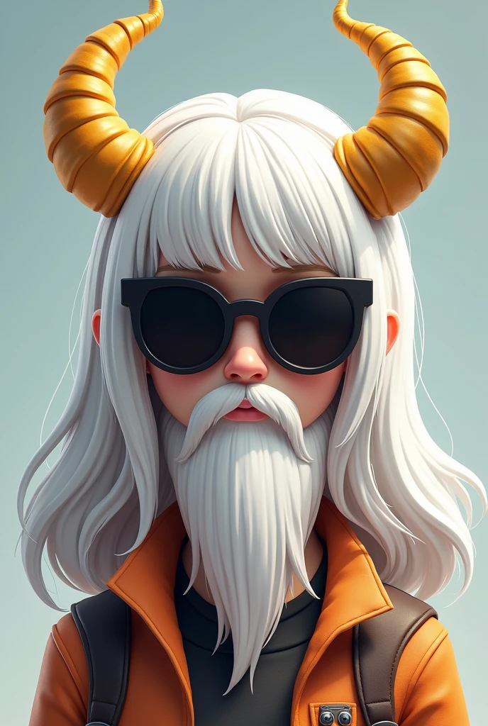 A female freefire cartoon with long white hair and bangs , with a full white beard and completely black glasses and with 4 golden horns behind his head 