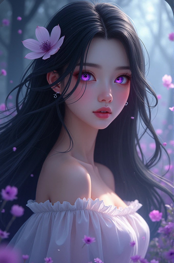 Believe me, a beautiful white-skinned girl, with long dark hair and purple eyes 