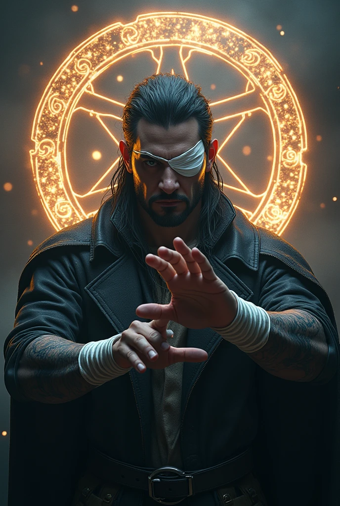 male White eyepatch on one eye Bandage on arm Hands pose in front of face magic circle