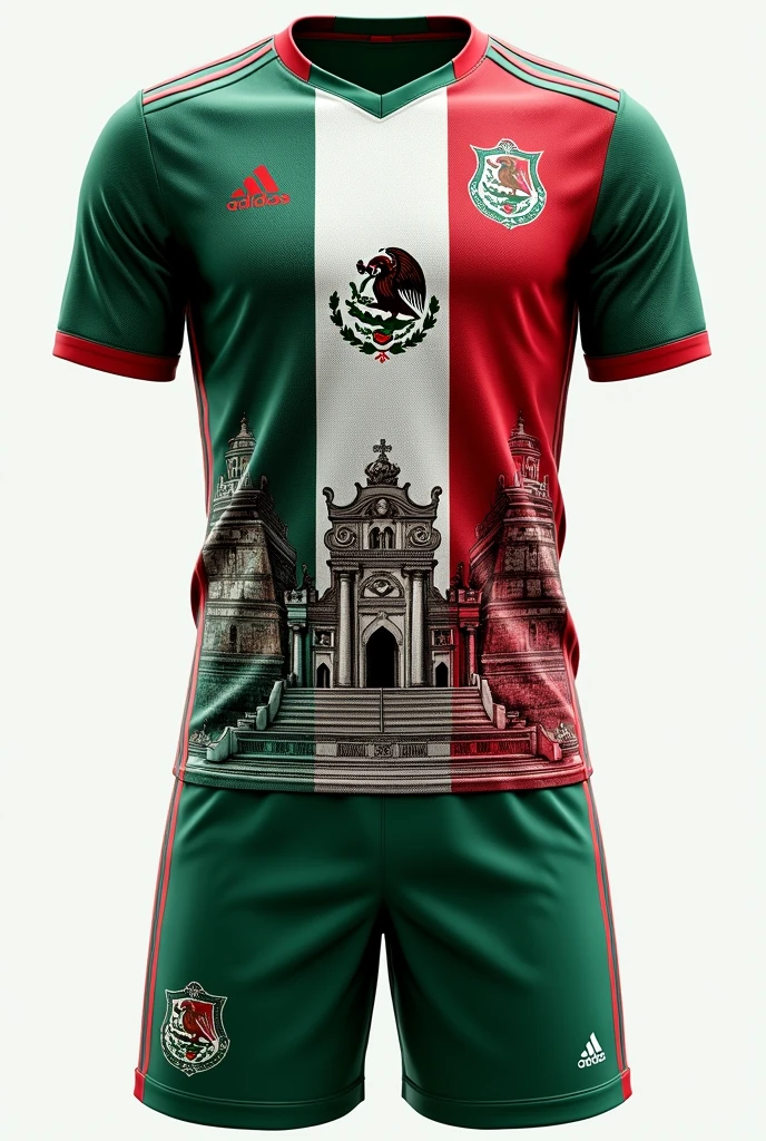 Create a Mexican national team shirt with a design of the country&#39;s historical monuments on the back and front with pants similar to the shirt 
