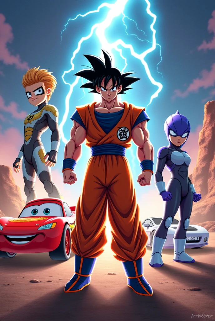 goku, lightning mcqueen, ben 10 and mordecai teaming up