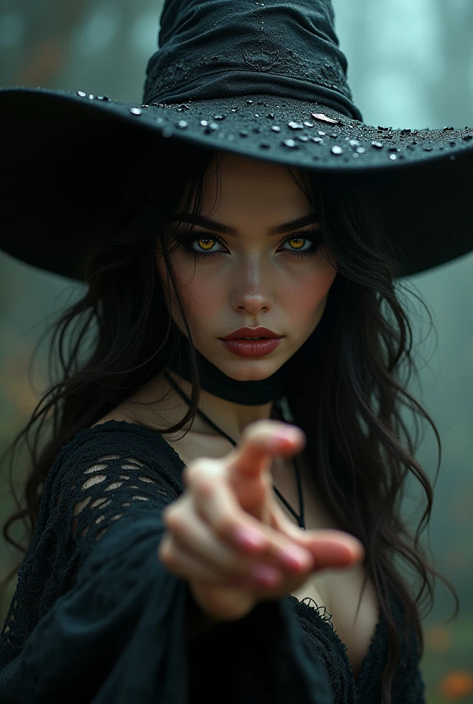 beautiful detailed eyes, beautiful detailed lips, extremely detailed eyes and face, long eyelashes, 1 female witch, elegant witch, sexy witch, witch on broomstick, witch pointing finger at viewer, main nette, golden eyes, intense seductve gaze, full body, dark fantasy, dark magic, dark witch, moody lighting, dramatic lighting, cinematic lighting, highly detailed, intricate details, fantasy art, digital painting, hyper realistic, masterpiece, 8k, photorealistic, cinematic, dramatic, mystical, magical