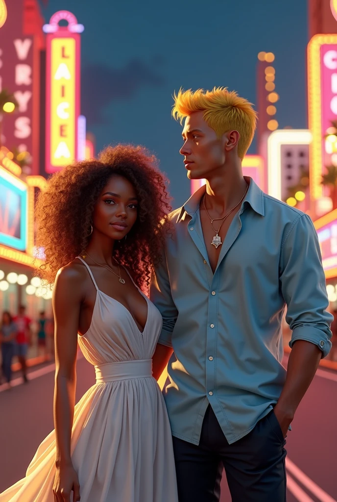 Create a couple, the woman will be dark-colored, the hair will be curly, the color yellow, with a white dress, the man will have yellow hair, the shirt will be light blue, the pants will be black, they are in Las Vegas, the man will be black, too, very realistic. It shows every detail of Las Vegas.
