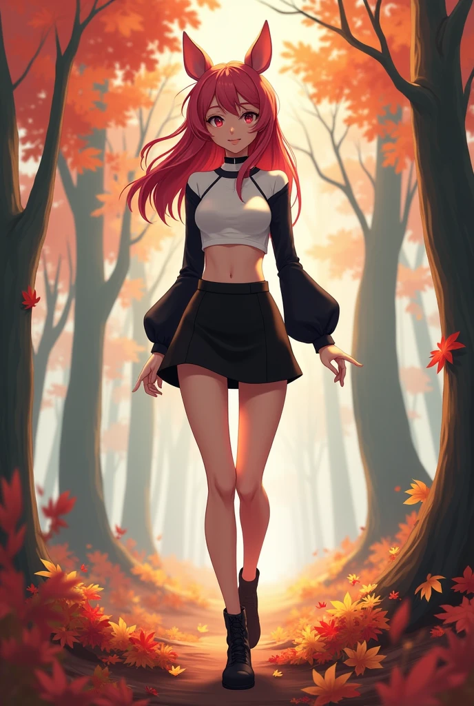 Noelle holiday from deltarune wearing a very short black skirt and a white crop top with black sleeves while in an autumn forest
