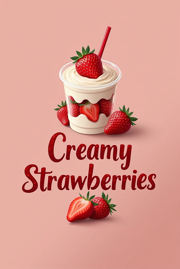 Logo of a strawberries and cream company with the company name saying creamy strawberries in English with plastic cups with different toppings, where in the glass you can see the strawberry in pieces cut into the glass with cream on top and in the middle it looks full