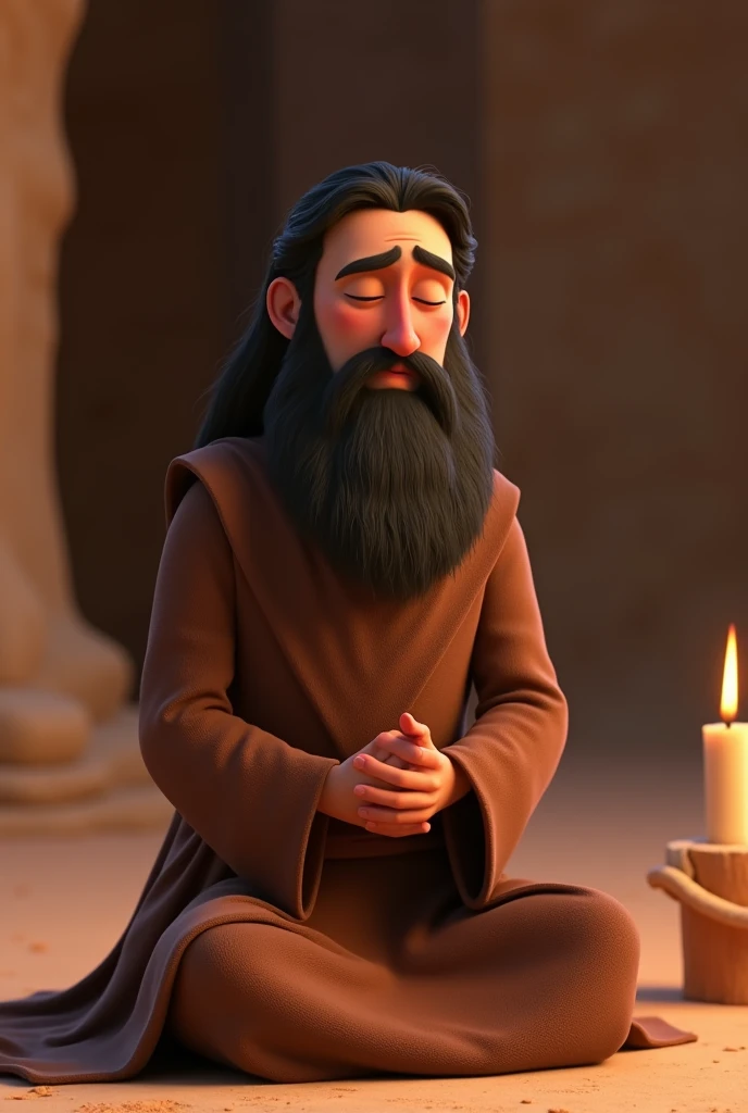 Israelite man with beard and brown robe praying animated pixar
