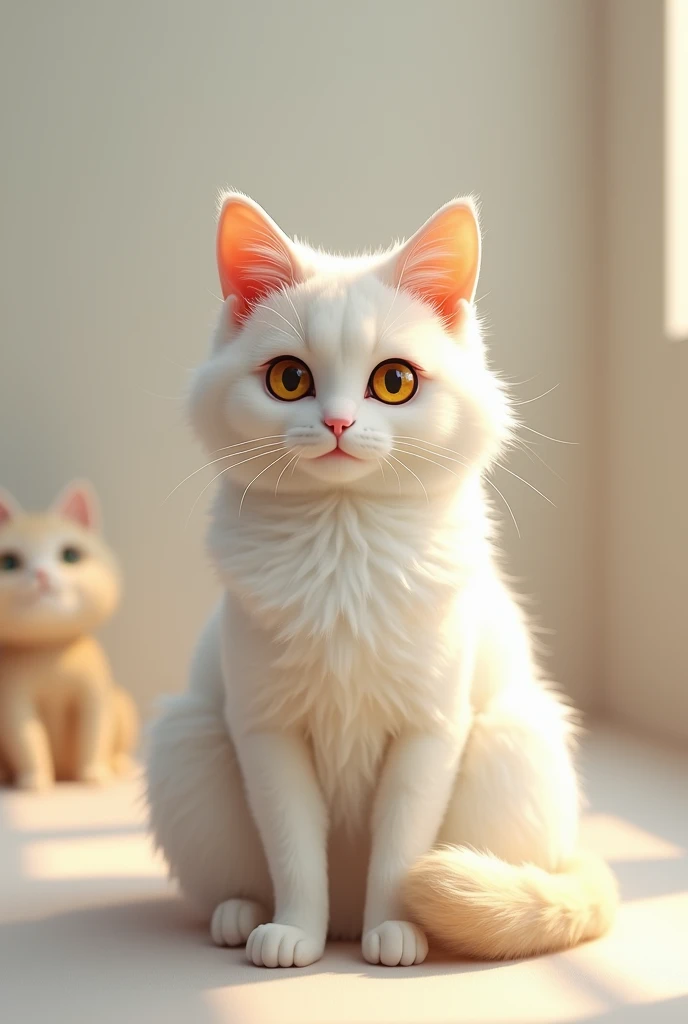 white and beige cat with yellow eyes and a little belly