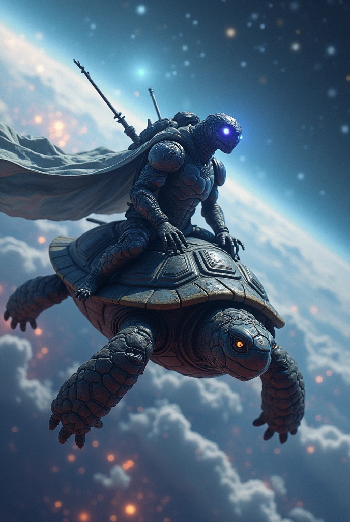 (photoanime1:2) A unknown anime space turtle warrior, with a cape and armor which is almost makes them a mecha in space created from the big bang that is riding on a small turtle customised space craft