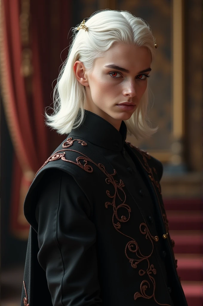 Beautiful young man with androgynous and delicate features, Shoulder-length platinum or silver blonde hair and slanted red eyes. White skin. high. hourglass body.

He wears black clothes with red details.

House of the dragon. Targaryen. Royals.