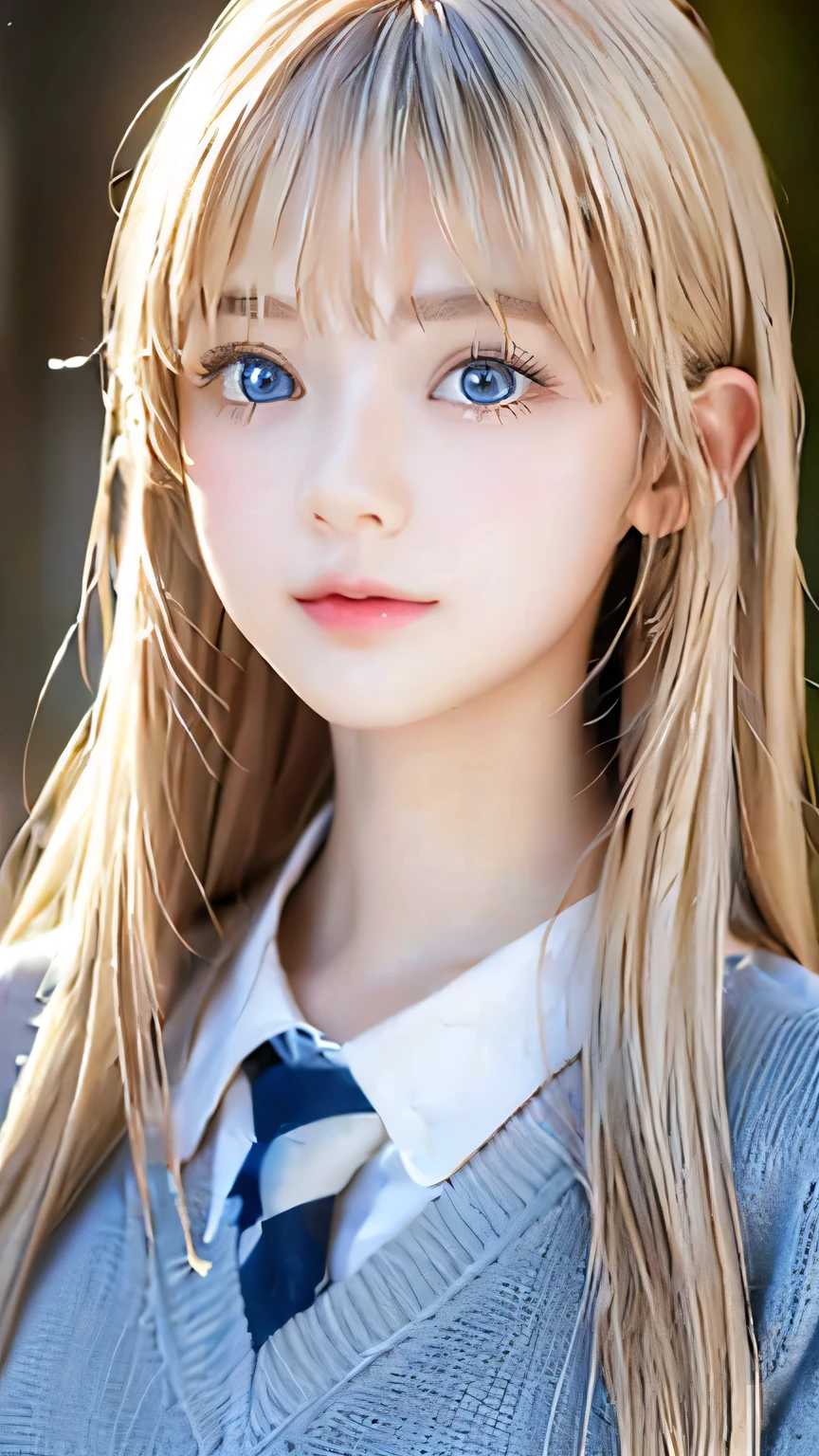 A very beautiful Nordic girl、Super long, silky, shiny metallic butter blonde straight hair、Cute beautiful girl with sexy messy bangs、Hair above the eyes、片Hair above the eyes、Hair between the eyes、uniform、Super long beautiful blonde hair、Beautiful bangs between the eyes、Very beautiful cute face、Cute beautiful gentle expression、high school girl、Big, pale, very bright sky blue eyes that shine beautifully、Small Face Beauty、Round face、Snow-white glossy skin、