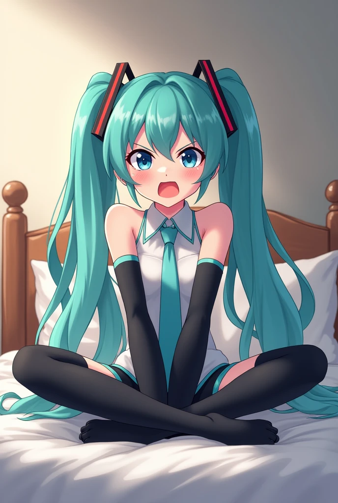 hatsune miku, farting, sitting on bed, angry, cute, fart, thigh high socks