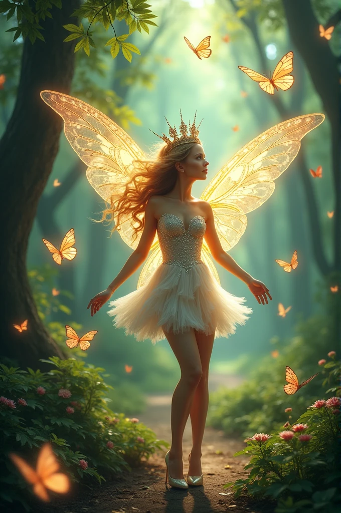 A fairy in a forest full of butterflies wearing a crown and a short sparkly dress and wearing high heels