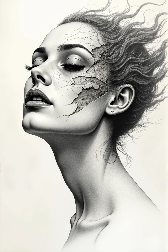 Woman with face falling apart surreal pen drawing 