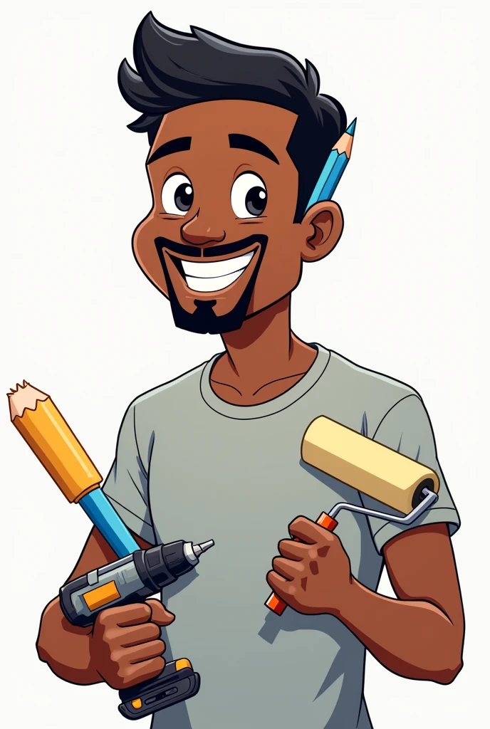 Dark-skinned man with goatee smiling neat black hair light gray t-shirt with a drill in his hand paint roller in his hand and blue pencil in his ear in cartoon