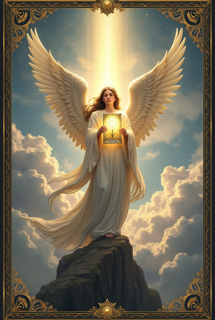A majestic angel, with wings unfurled and shimmering with heavenly light, standing atop a cloudy precipice. The angel is the central figure in a serene tableau that draws inspiration from the ethereal realm of the tarot. Their flowing robes are adorned with intricate gold embroidery, reflecting the cosmic patterns of the universe. In their hands, they hold a large, ornate tarot card, which radiates a soft glow that casts an otherworldly halo around them. The card is the 'Judgment' from the Major Arcana, depicting the archetypal scene of souls rising from their graves, responding to the call of the angel's trumpet. The background is a breathtaking tapestry of clouds in various shades of blue, purple, and white, with the golden gates of heaven shining in the distance. The composition is framed by a decorative border of symbolic motifs, including stars, moons, and intertwining vines, all rendered in a style that is both classical and mystical. The overall effect is one of divine revelation and spiritual contemplation, inviting the viewer to ponder the deeper meanings and messages contained within the ancient art of tarot reading.