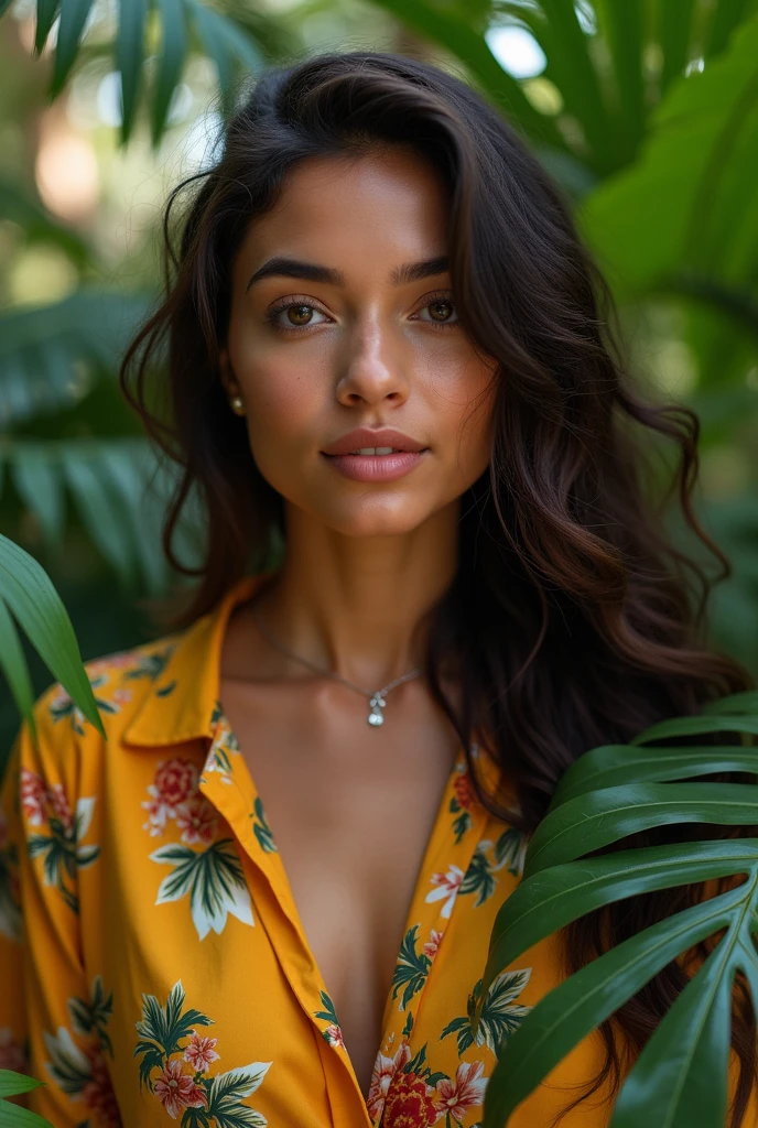 A Brazilian woman in a lush tropical garden, wearing an open shirt with a floral print, with a close-up capturing the harmonious beauty between her breasts and the natural flowers, showing off your natural charm and outgoing personality.