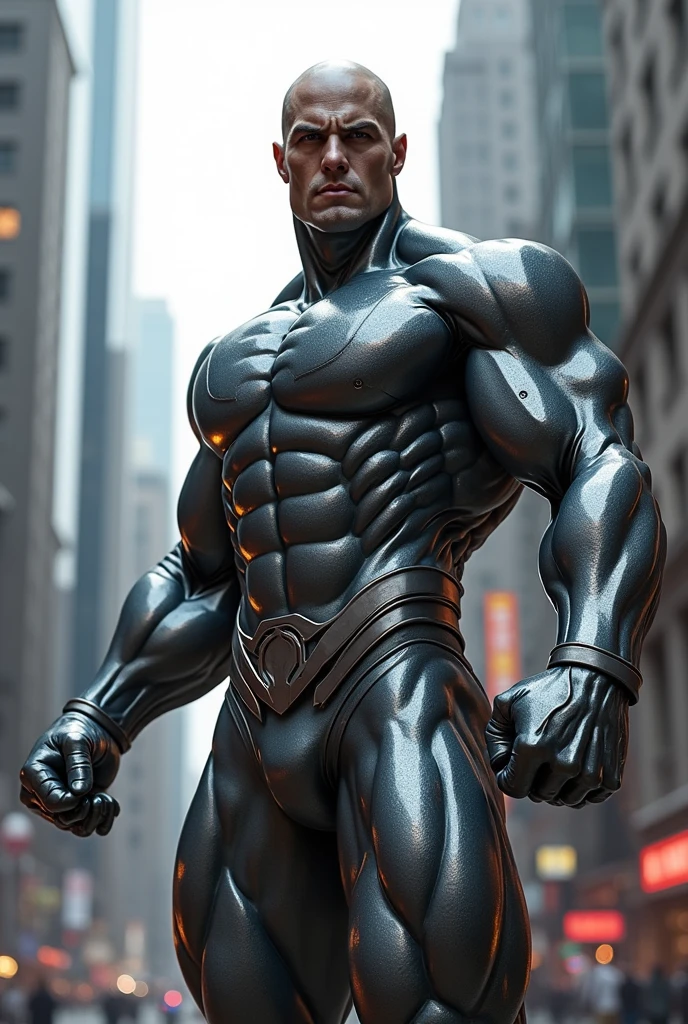 Steel-skinned superhero bending bars