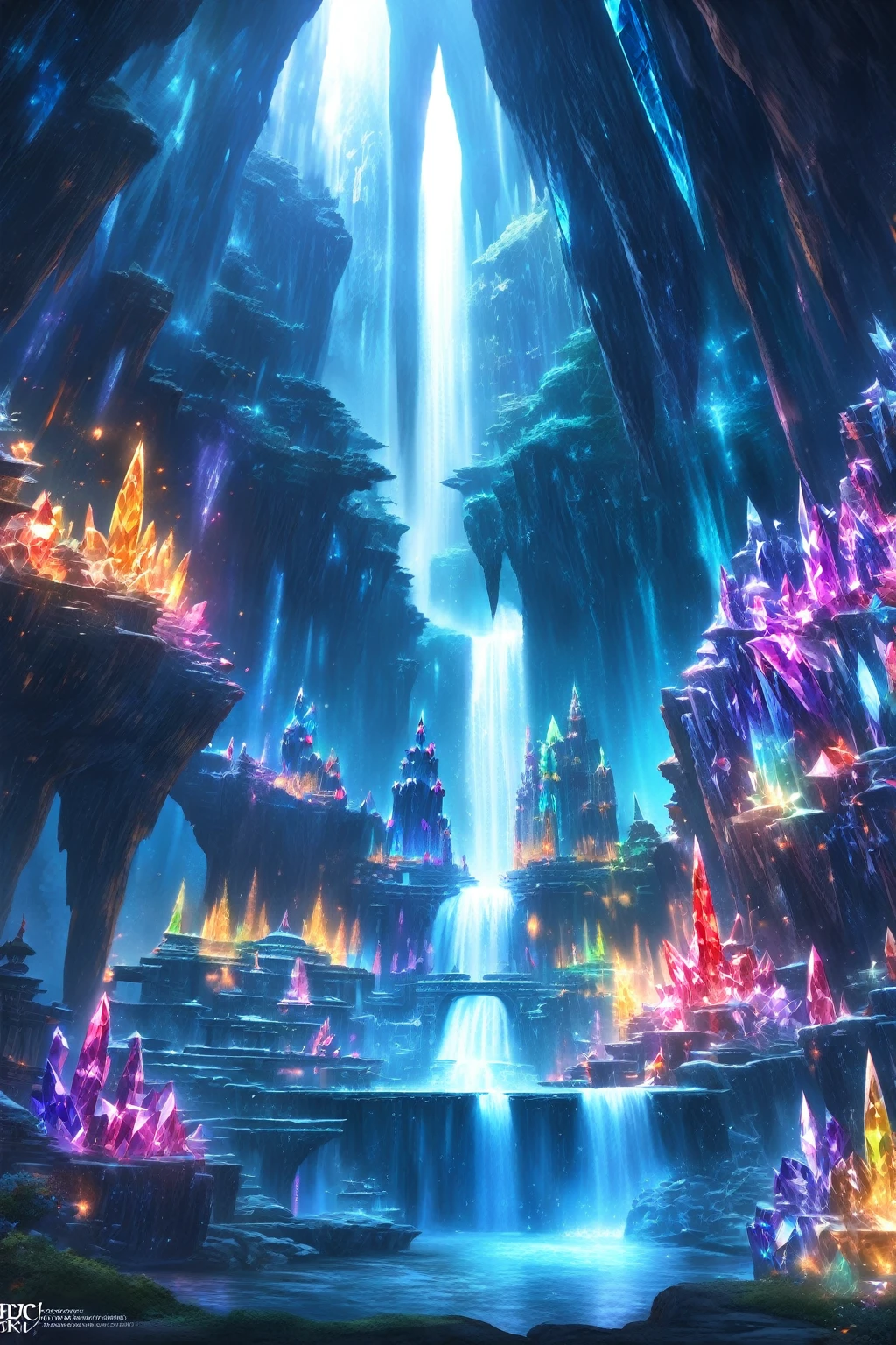 (ancient City:1.1) in a (Cave made of crystals and gems:1.2), buildings, waterfall, bright, colorful, magical, mystical, (final fantasy:0.8), detailed, sharp, HD, HDR, masterpiece, best quality, best resolution, splashscreen, cinematic lighting, depth of field, epic, dramatic