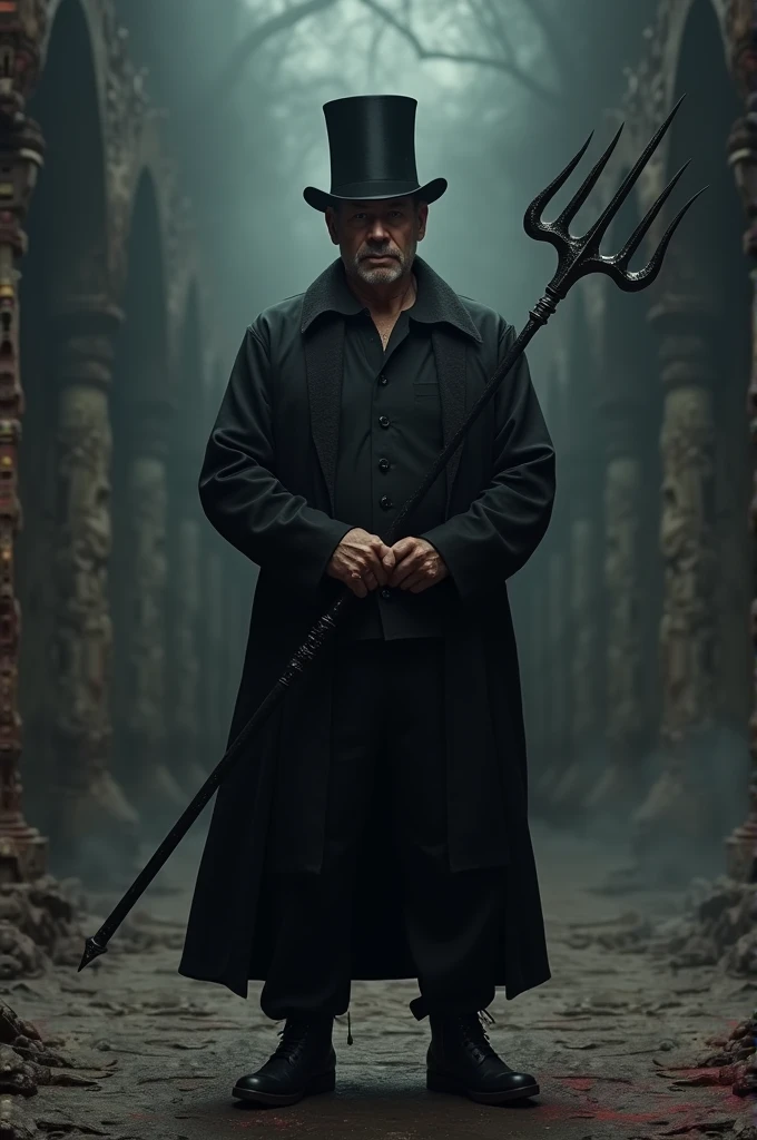 create the panoramic view image, realistic of a gentleman WITHOUT A BEARD ON HIS FACE, Light-skinned Black man, face northeastern clothing, facing forward, He doesn't have a beard, middle-age, sobrepeso, weighing around 80 kg, shorth hair, looking at front, with black wear, Black phants, black shoe, holding a black 3-pronged trident crossed in front of his body at a 45° angle. He wears a black top hat. It's dark and you can't see your face. the scene in the background is Dante's Inferno.