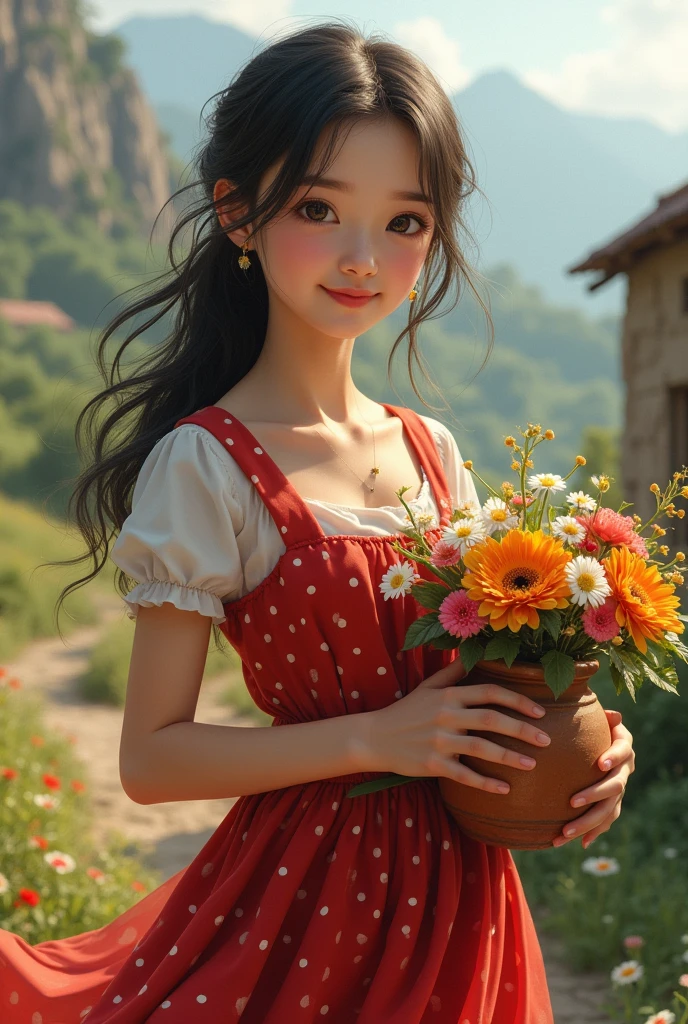 Detailed, realistic image of the benign girl, red dress with white polka dots, appearance, clay pot in her right hand and flower bouquet in her left hand, northeastern backlands.