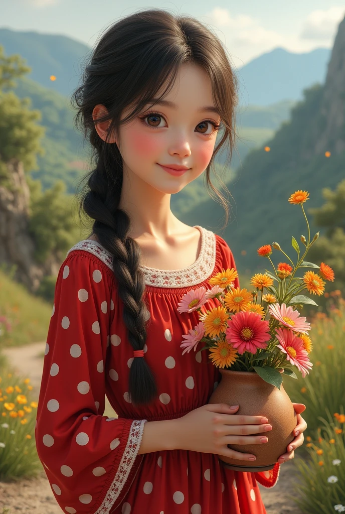Detailed, realistic image of the benign girl, red dress with white polka dots,  appearance, clay pot in her right hand and flower bouquet in her left hand, northeastern backlands.