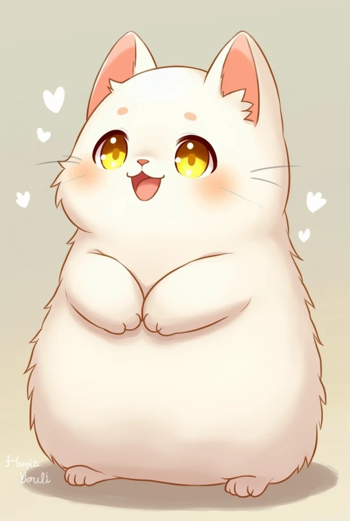 white and yellow cat with yellow eyes and a little belly