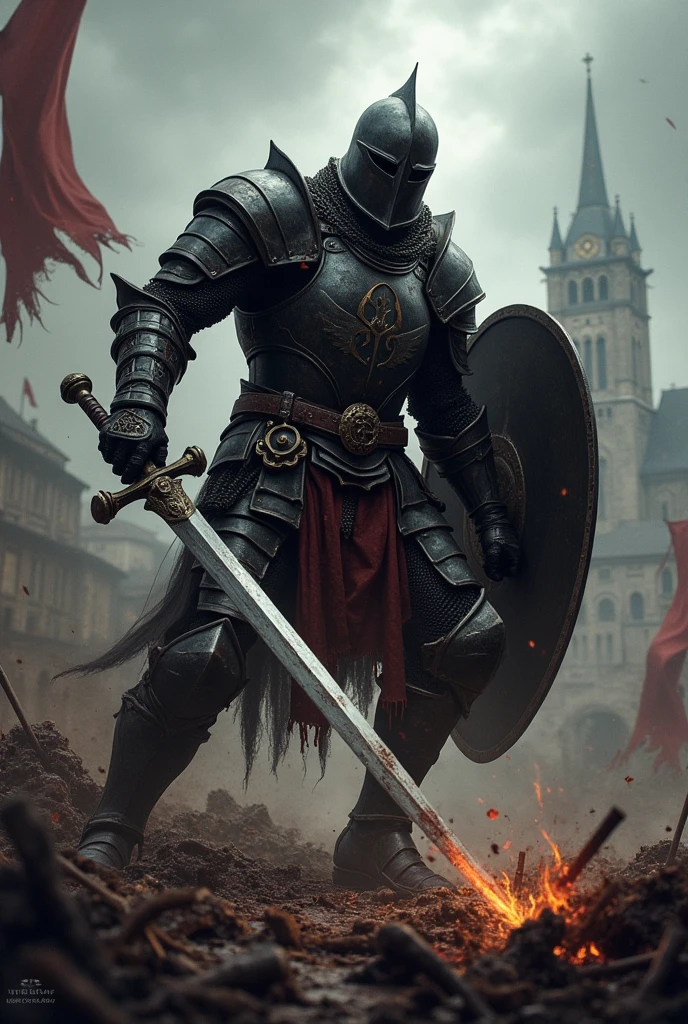 A full-body visual depiction of an Iron Talon mercenary set in a Dark Fantasy Renaissance Era theme. The mercenary is shown cutting through enemy, fully clad in signature black armor with stain of blood, a blend of chainmail, reinforced leather, and a dark steel breastplate with the black talon emblem prominently displayed. The helmet is a full iron helm with a visor, designed to both protect and intimidate. The soldier wields a longsword with a slightly curved blade in one hand and holds a kite shield painted with the Iron Talons' emblem in the other. The armor and weapons show signs of wear and use, giving a realistic, battle-worn appearance. The background suggests a dark and stormy battlefield, with died body, blood, and gore with hints of the Renaissance Era architecture and banners flapping in the wind.