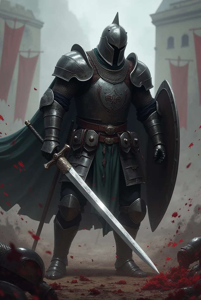 A full-body visual depiction of an Iron Talon mercenary set in a Dark Fantasy Renaissance Era theme. The mercenary is shown cutting through enemy, fully clad in signature black armor with stain of blood, a blend of chainmail, reinforced leather, and a dark steel breastplate with the black talon emblem prominently displayed. The helmet is a full iron helm with a visor, designed to both protect and intimidate. The soldier wields a longsword with a slightly curved blade in one hand and holds a kite shield painted with the Iron Talons' emblem in the other. The armor and weapons show signs of wear and use, giving a realistic, battle-worn appearance. The background suggests a dark and stormy battlefield, with died body, blood, and gore with hints of the Renaissance Era architecture and banners flapping in the wind.