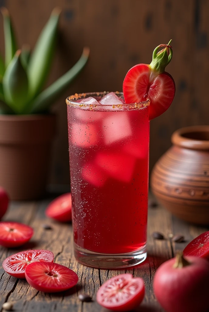 Hello, could you help me by creating an image of a traditional Mexican drink?, Made from maguey and red tuna 