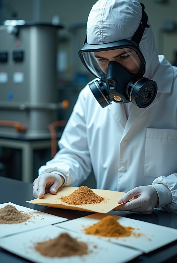 generates the image of a chemical laboratory worker with a white lab coat and a 3M respirator with dust and vapor filters, where you can see up close how it represents a mineral sample in powder form in four parts and how one part is placed inside a labeled envelope and in the background you should see a mineral sample crusher, This background display is mandatory