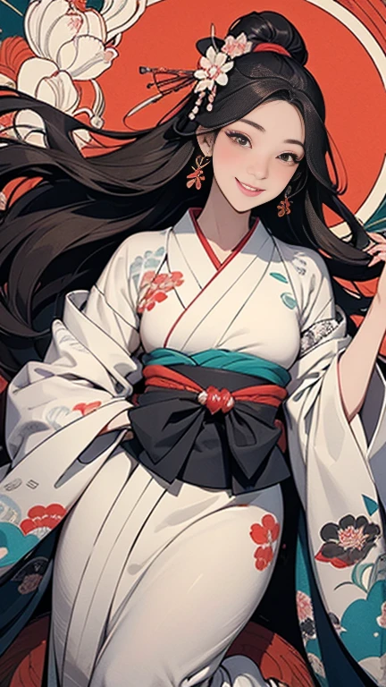 A beautiful woman smiles and shows her upper white teeth、Vividly colored Japanese Ukiyo-e style illustrations、(SeaArt creates stunning illustrations of beautiful women in kimono)、Brown-black long hair、Beautiful full body style、Let's dance a little Tokyo Ondo Yoiyoi、Beautiful digital painting,、Bright vibrant digital anime art、 Detailed digital anime art、 Beautiful anime portraits、background、Torii gate of a shrine in Kyoto, Japan、Detailed CG、