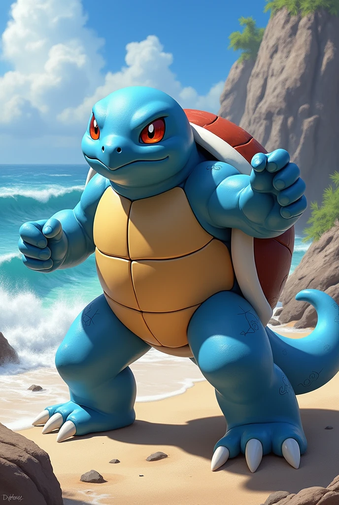 solo, full body, dynamic pose, Wartortle_Pokemon, beach, rocks,