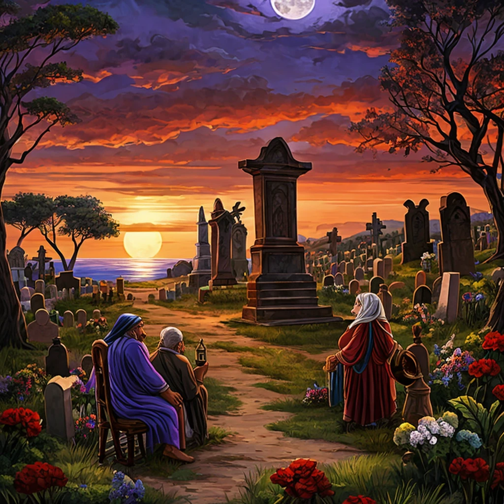 
a landscape, a mixture of cemetery, square, sea, beach with a fig tree on a full moon night, there are five people, a gypsy woman, a woman in red, a woman in purple, a very old man in a chair wheels, and a gypsy with a vase in his hand