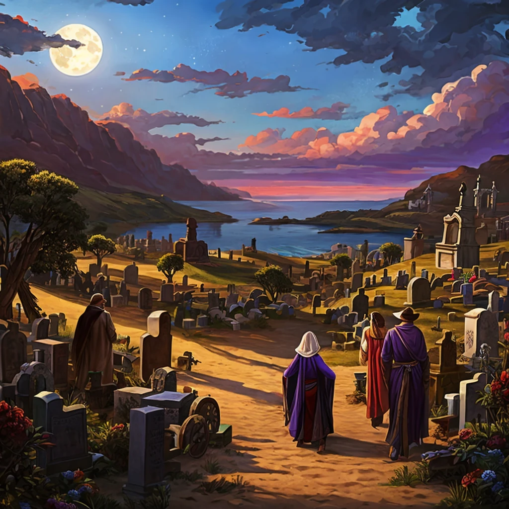 
a landscape, a mixture of cemetery, square, sea, beach with a fig tree on a full moon night, there are five people, a gypsy woman, a woman in red, a woman in purple, a very old man in a chair wheels, and a gypsy with a vase in his hand