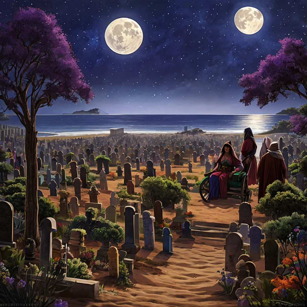 
a landscape, a mixture of cemetery, square, sea, beach with a fig tree on a full moon night, there are five people, a gypsy woman, a woman in red, a woman in purple, a very old man in a chair wheels, and a gypsy with a vase in his hand