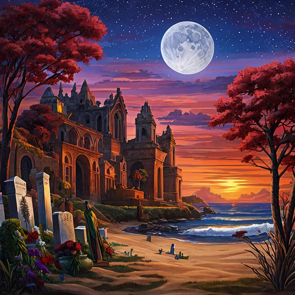 
a landscape, a mixture of cemetery, square, sea, beach with a fig tree on a full moon night, there are five people, a gypsy woman, a woman in red, a woman in purple, a very old man in a chair wheels, and a gypsy with a vase in his hand