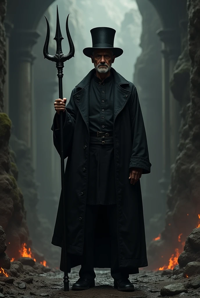 create the panoramic view image, realistic of a gentleman WITHOUT A BEARD ON HIS FACE, Light-skinned Black man, face northeastern clothing, facing forward, He doesn&#39;t have a beard, middle-age, sobrepeso, weighing around 80 kg, shorth hair, looking at front, with black wear, Black phants, black shoe, holding a black 3-pronged trident crossed in front of his body at a 45° angle. He wears a black top hat. It&#39;s dark and you can&#39;t see your face. the scene in the background is Dante&#39;s Inferno.

