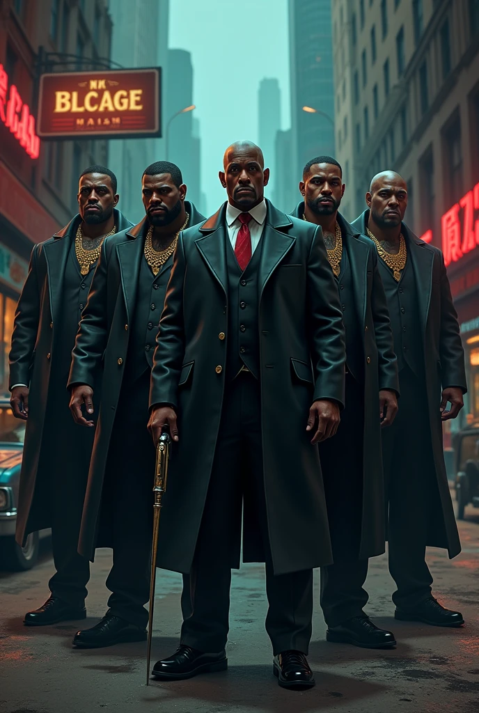 5 black gangsters with big bodies armed with a bodyguard of an old boss dressed in formal wear, in the gangster streets,